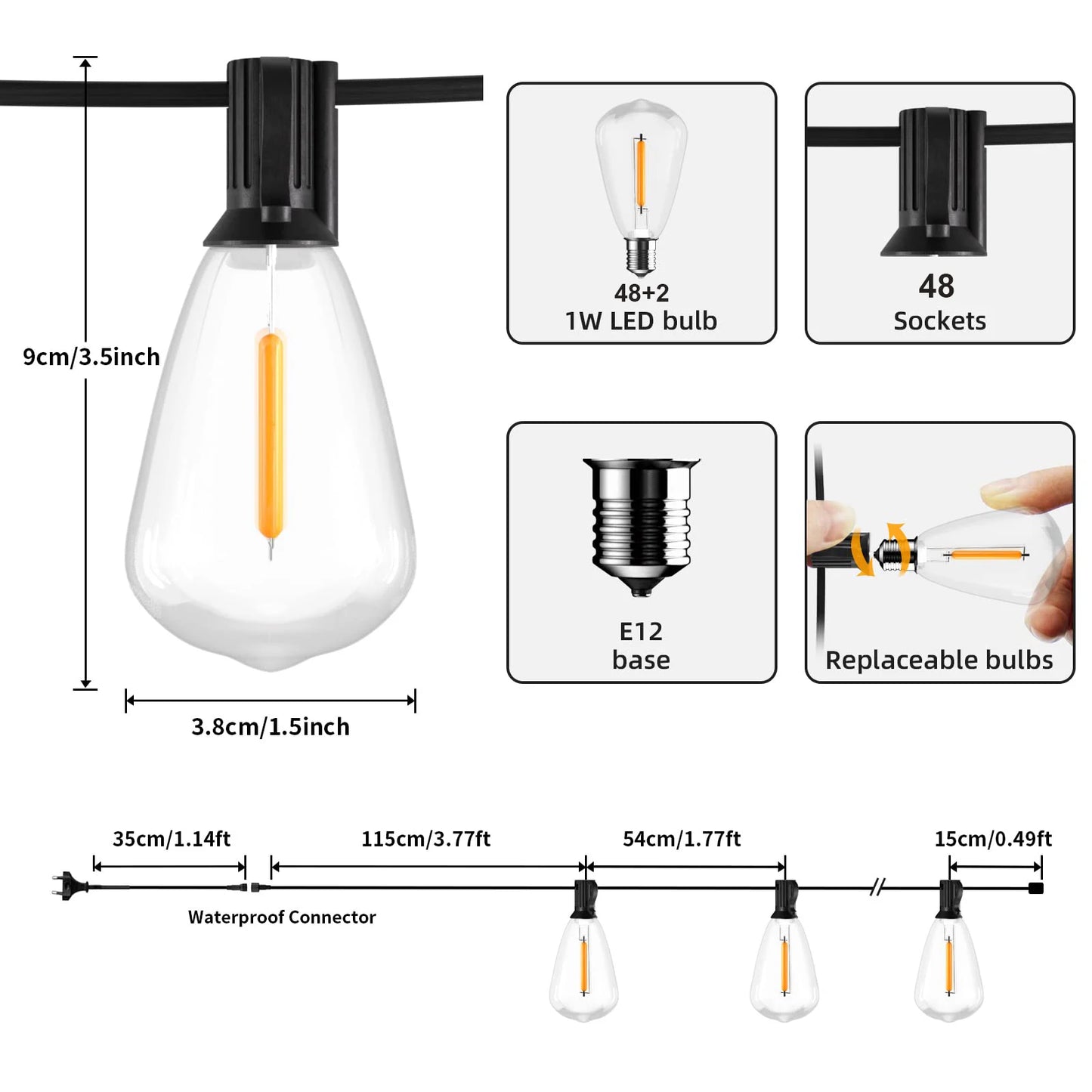 ST38 LED String Lights 10M 15M 20M Waterproof Patio Light Outdoor LED Fairy Light Wedding Decoration for Garden Cafe Backya