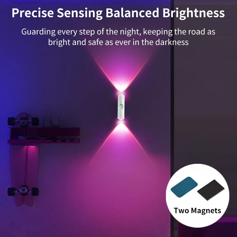 Double-Head LED Night Light with Motion Sensor RGB Rechargeable Magnetic Wall Lamp Mood Ambient Light for Cabinet Hallway Stair
