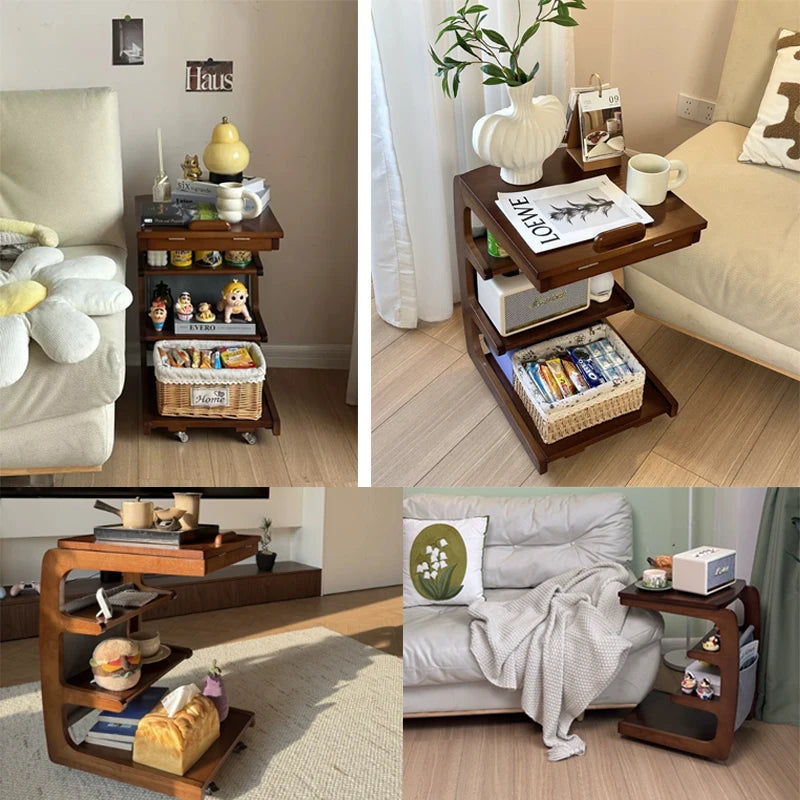Solid Wood Sofa Side Several Movable Living Room with Wheel Side Cabinet Bedside Shelf Simple Household Coffee Small Table