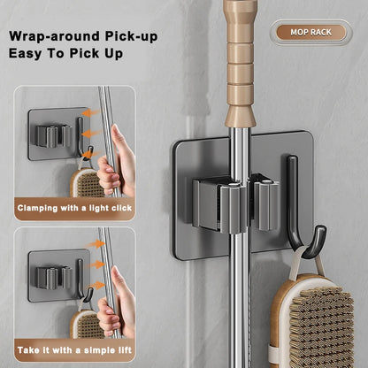 304 Stainless Steel Mop Holder Wall Mounted Adhesive Multi-Purpose Hooks Household Storage Organizer Rack Broom Hanger Stick