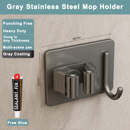 304 Stainless Steel Mop Holder Wall Mounted Adhesive Multi-Purpose Hooks Household Storage Organizer Rack Broom Hanger Stick