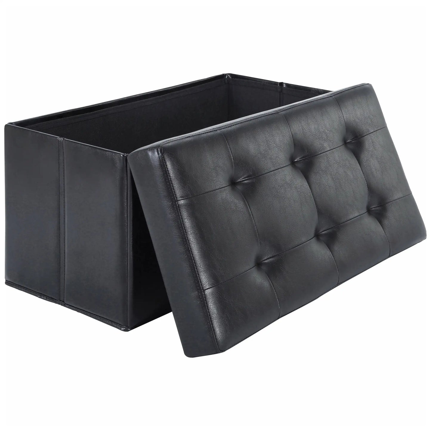 30-Inch Collapsible Storage Ottoman, Quilted Black Faux Leather