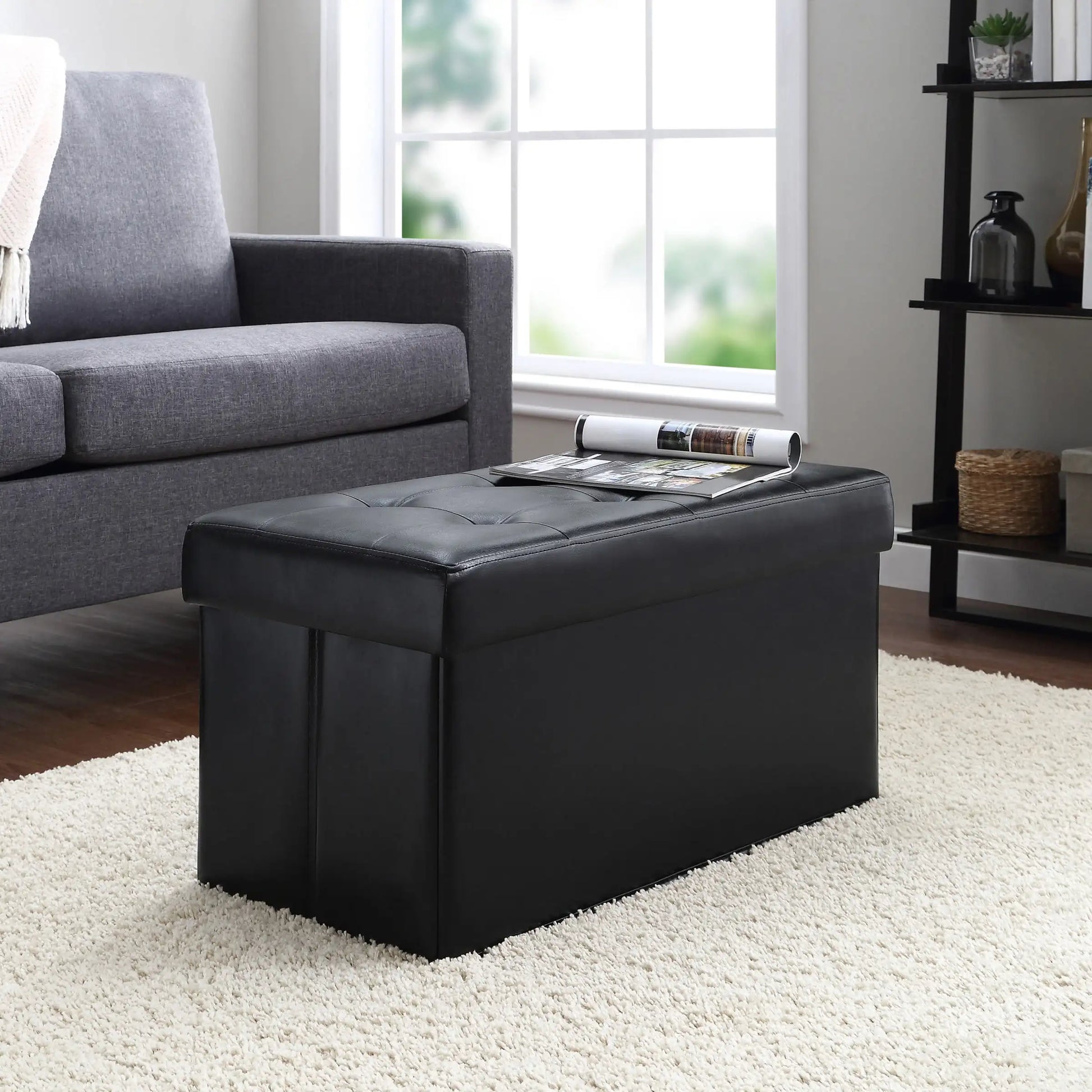 30-Inch Collapsible Storage Ottoman, Quilted Black Faux Leather