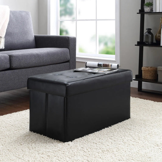 30-Inch Collapsible Storage Ottoman, Quilted Black Faux Leather