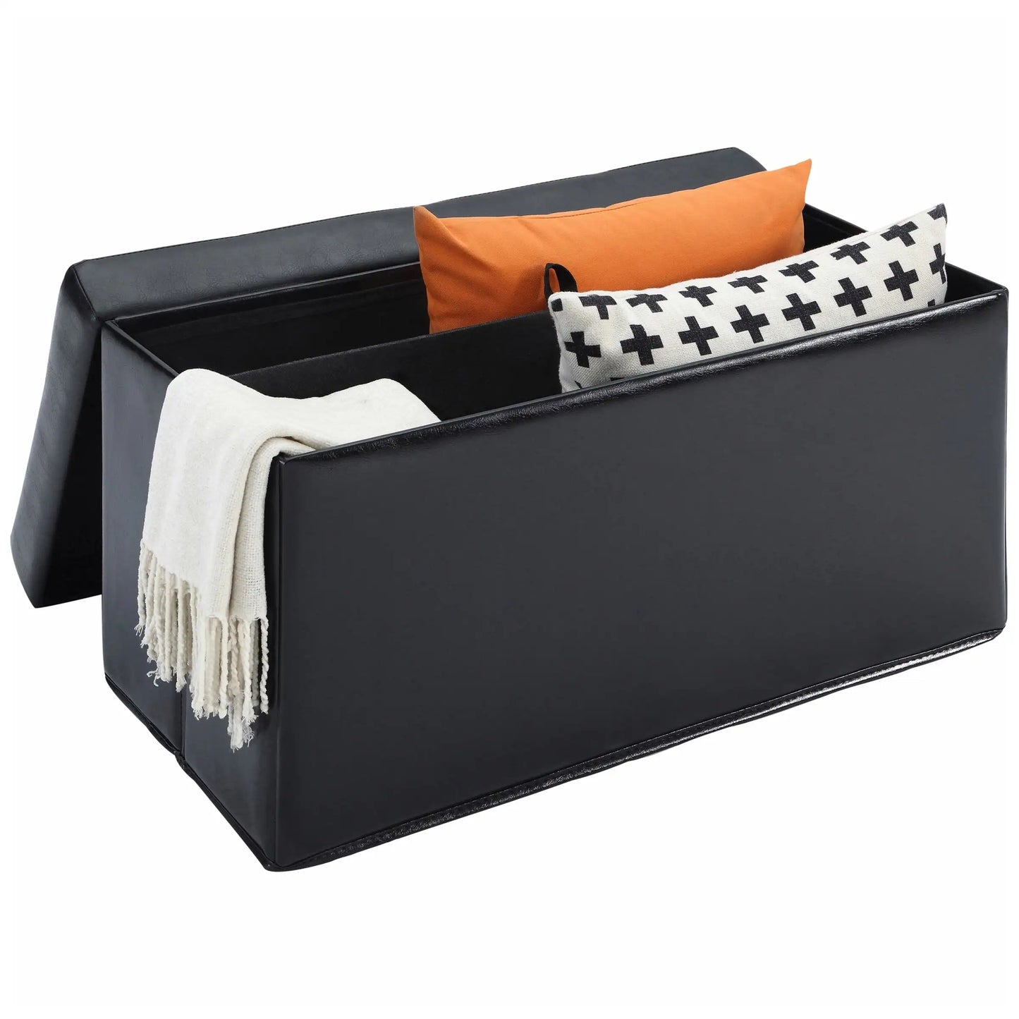 30-Inch Collapsible Storage Ottoman, Quilted Black Faux Leather
