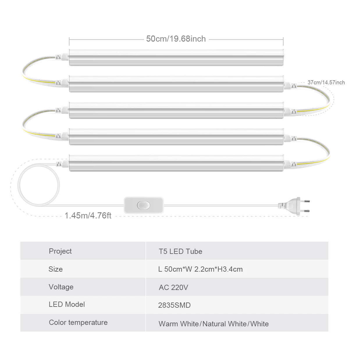 50Cm Led Lights Kitchen under Cabinet Lamp 220V 15W Led Tube with 1.2M EU Plug Switch Power Cable for Home Bedroom Indoor Lamps
